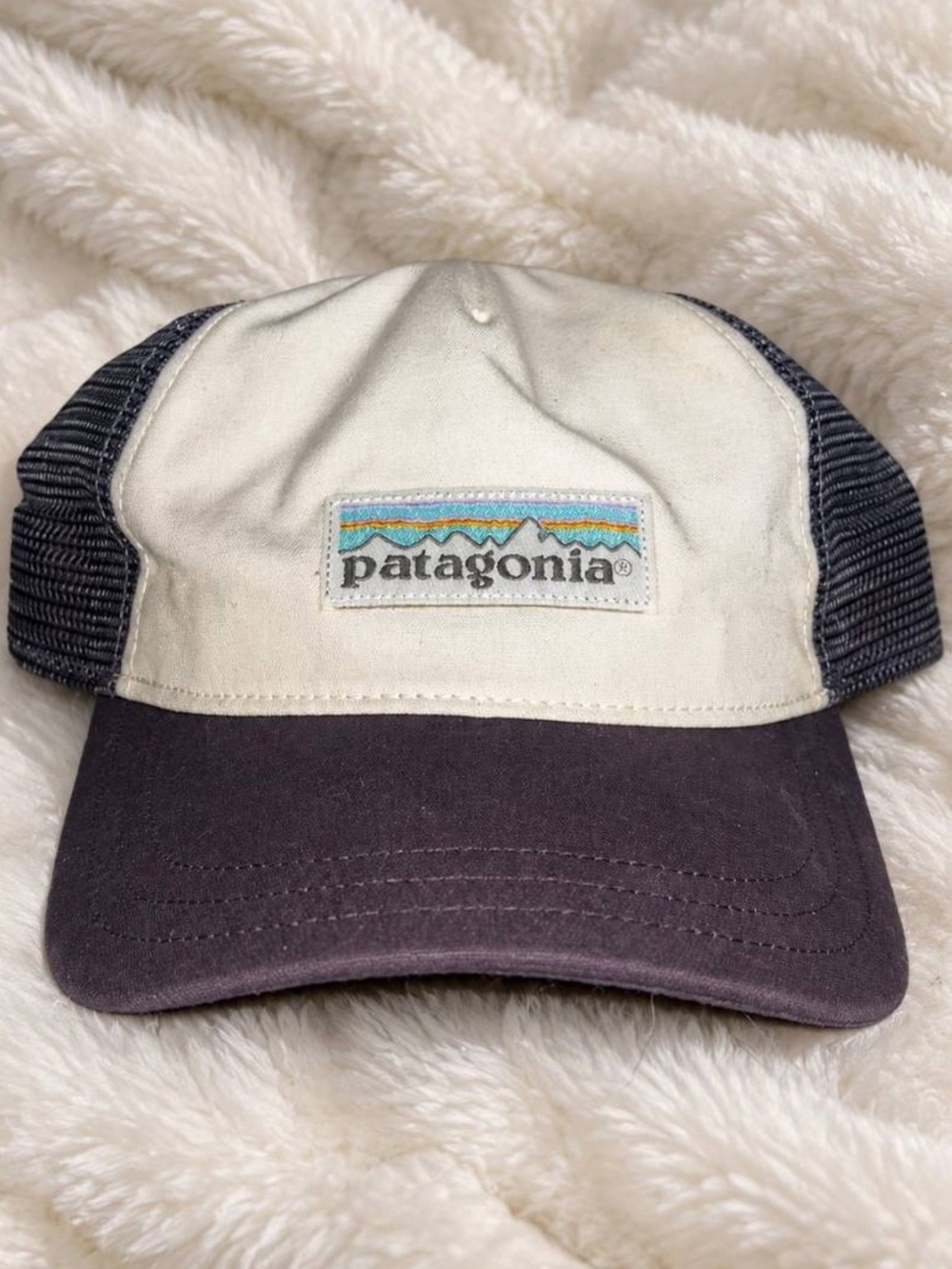 Patagonia Unisex Trucker Cap in Cream & purple with Retro Logo
